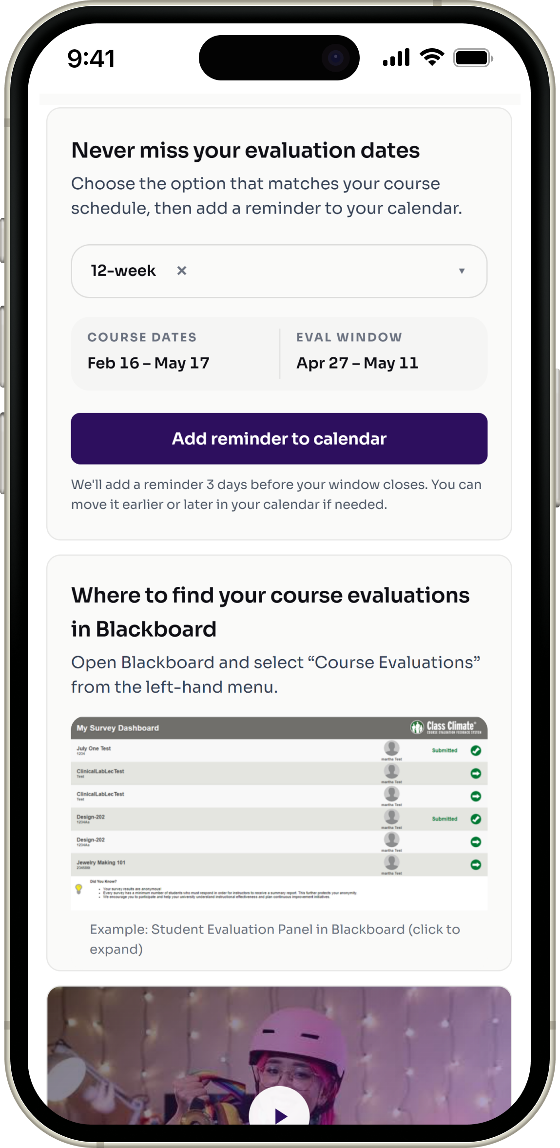 Modern redesign interaction screen showing the add to calendar state